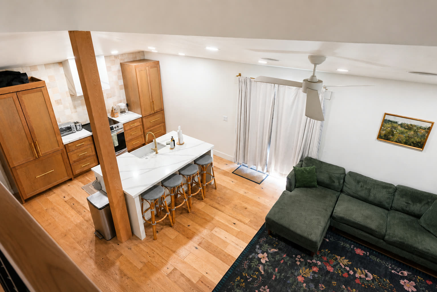 Top-down view of the open living and kitchen